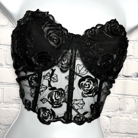 Other - Sexy black lace wire-ribbed bustier with rose design and clasp mesh back
